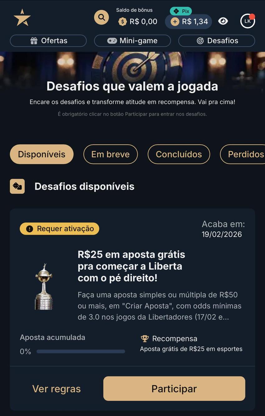 Captura de tela do desafio da Estrela Bet com freebets na Libertadores.