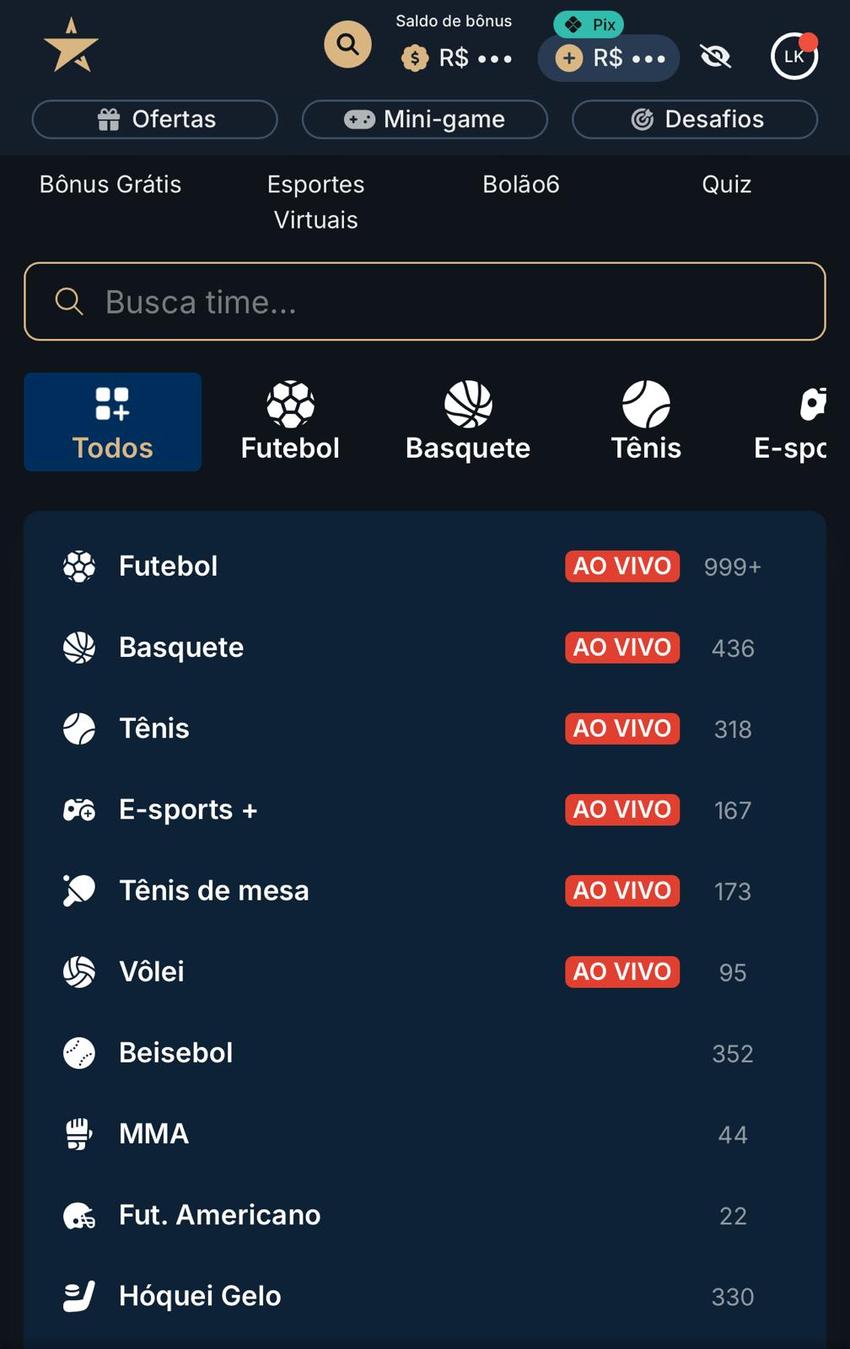 Captura de tela do catálogo de esportes disponíveis na Estrela Bet.