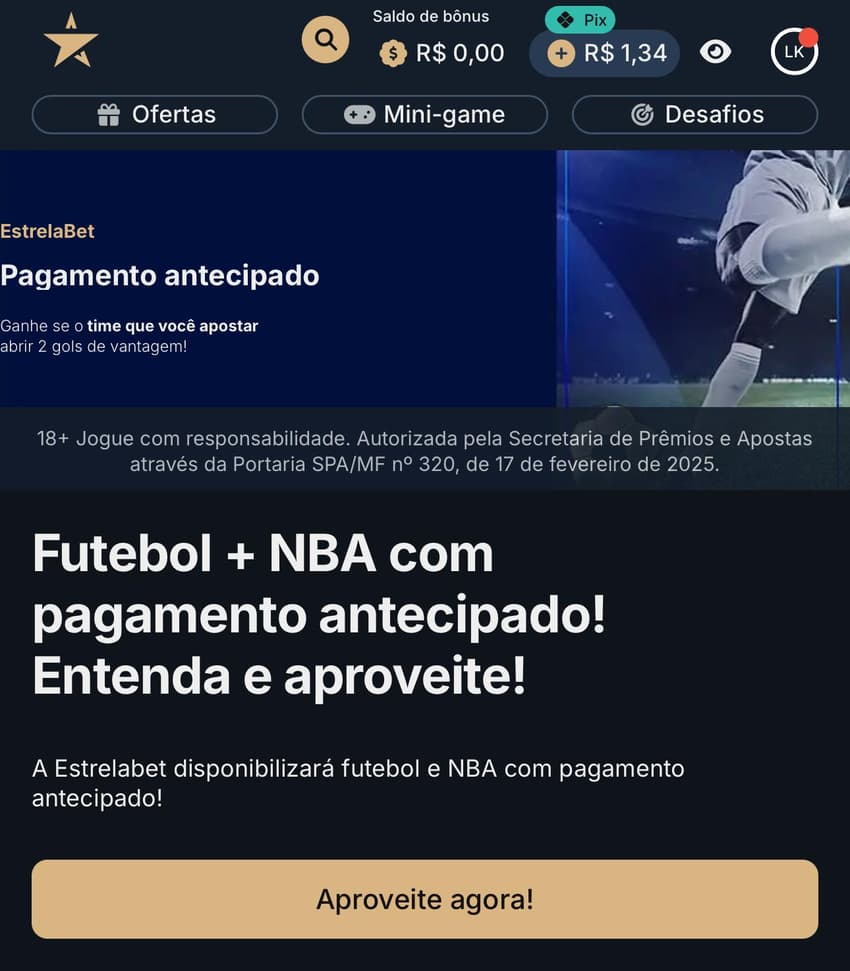 Captura de tela da promoção de Pagamento Antecipado na Estrela Bet.