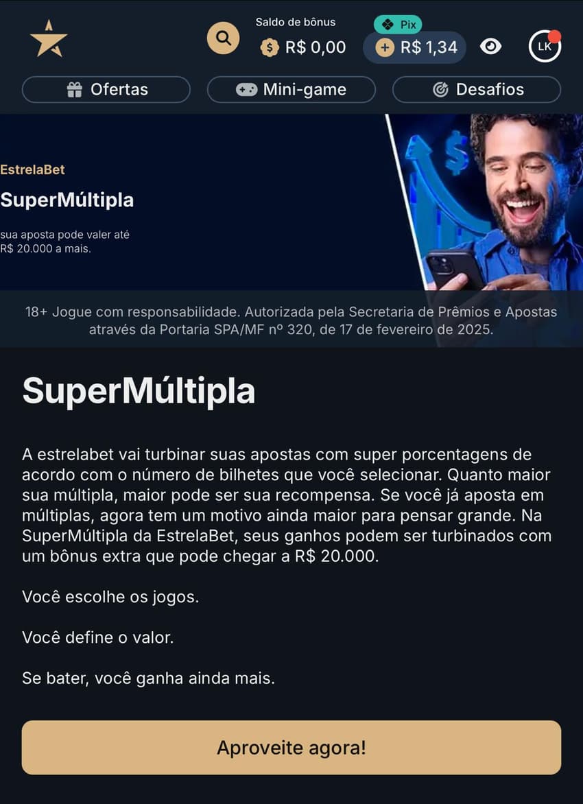 Captura de tela da promoção SuperMúltipla na Estrela Bet.