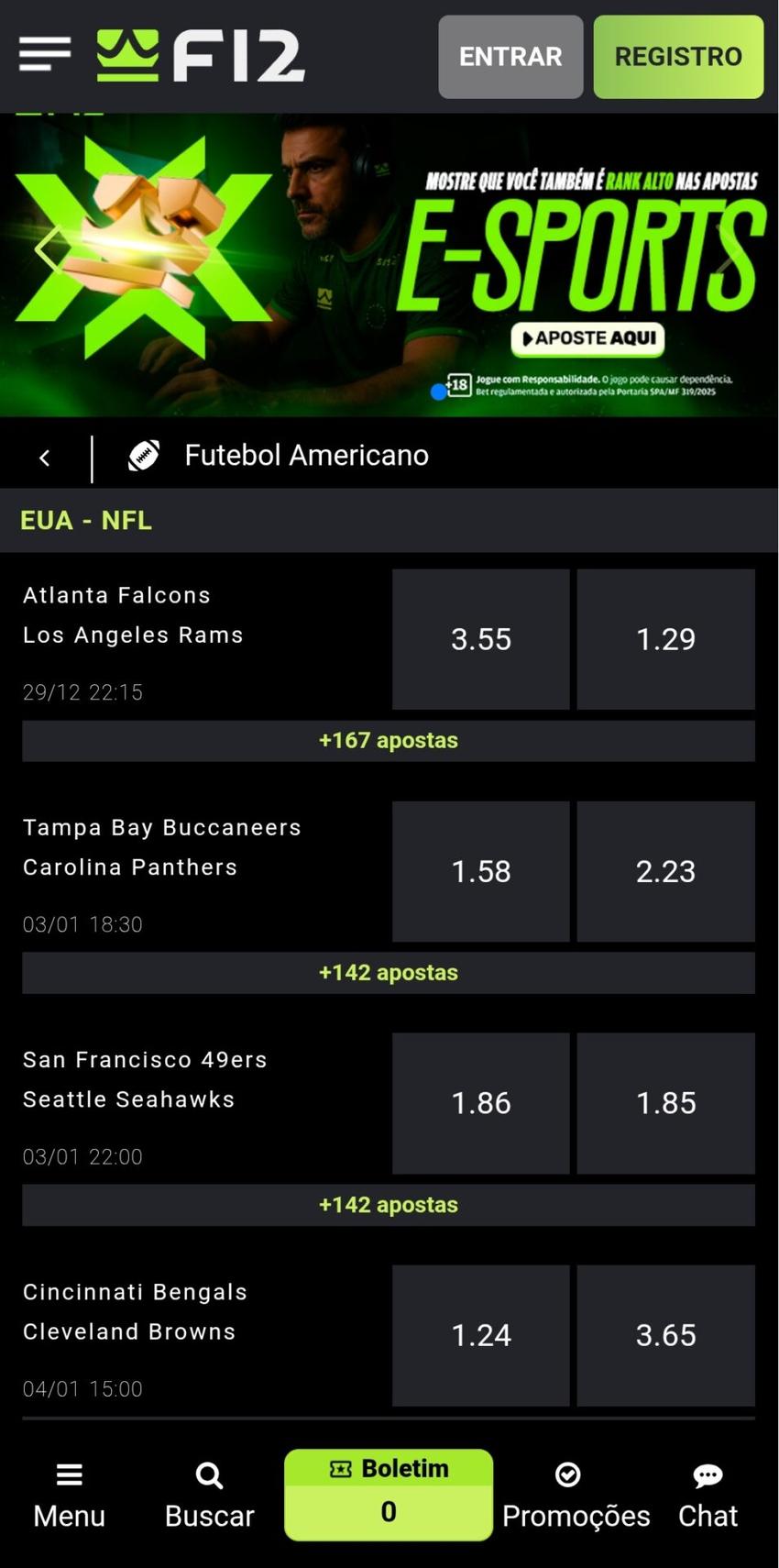 Mercados da NFL no site mobile da F12Bet