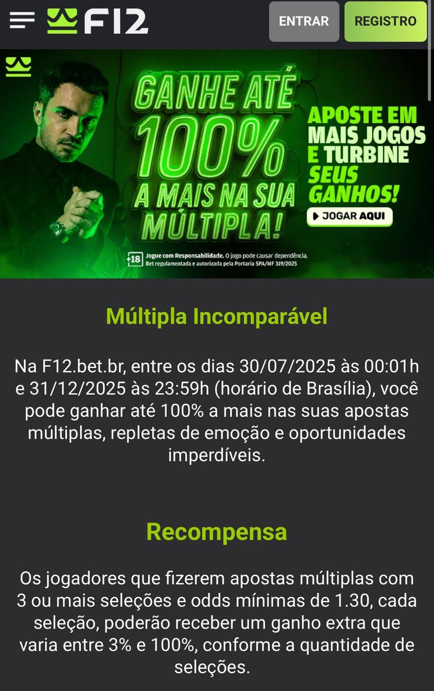 Captura da tela da promoção Múltiplas Incomparável na F12 Bet.