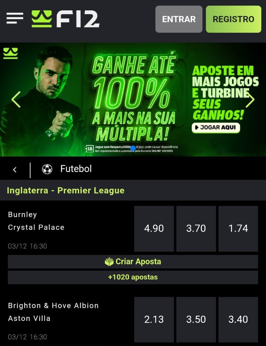 Captura de tela da seção de jogos do Campeonato Inglês na F12 Bet Brasil.