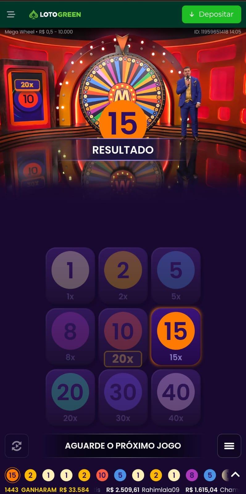 Captura de tela do jogo Mega Wheel no cassino ao vivo Lotogreen
