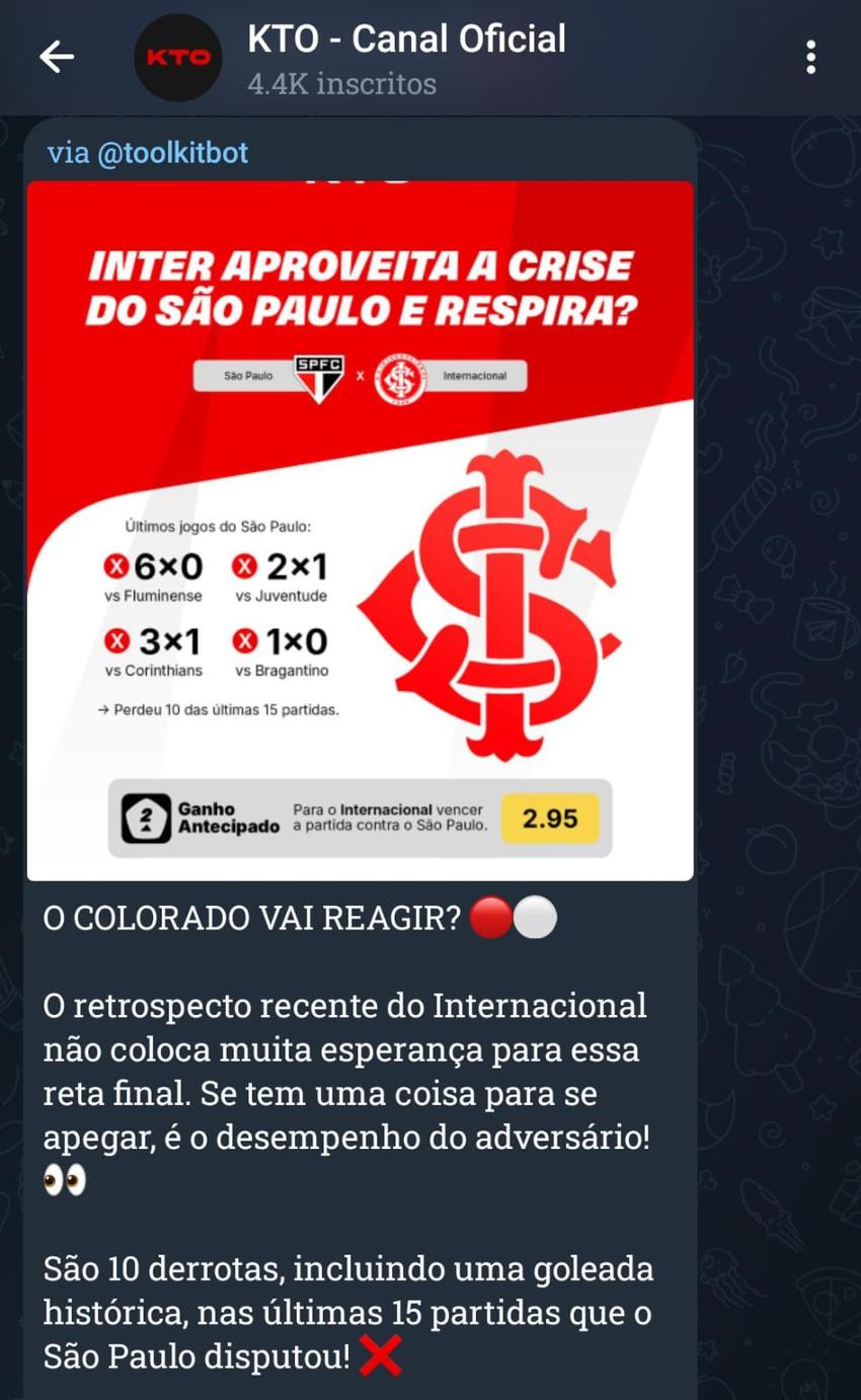 Captura de tela do grupo de apostas esportivas da KTO