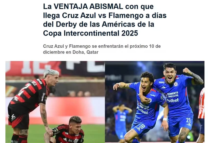 Matéria no site da &quot;TV Azteca&quot; analisando o duelo entre Cruz Azul e Flamengo (Foto: Reprodução)