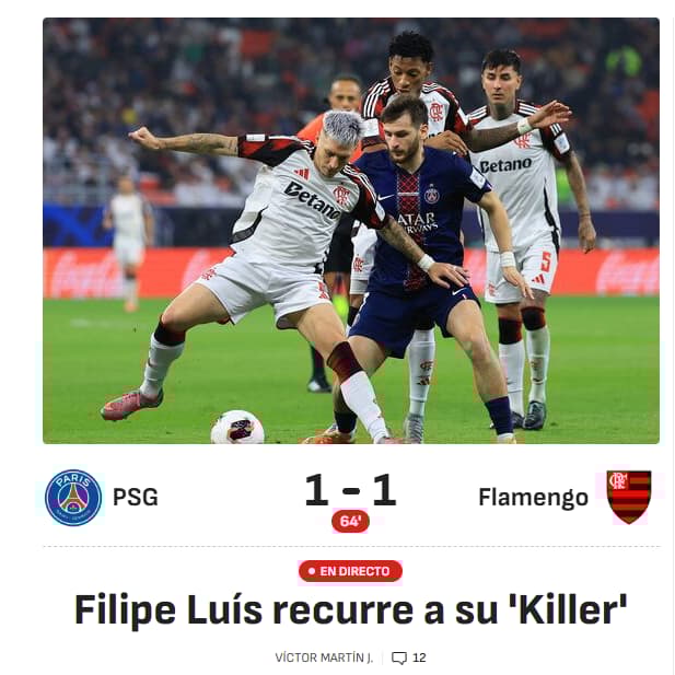Manchete do Tempo Real do duelo entre PSG e Flamengo (Foto: Reprodução/AS)