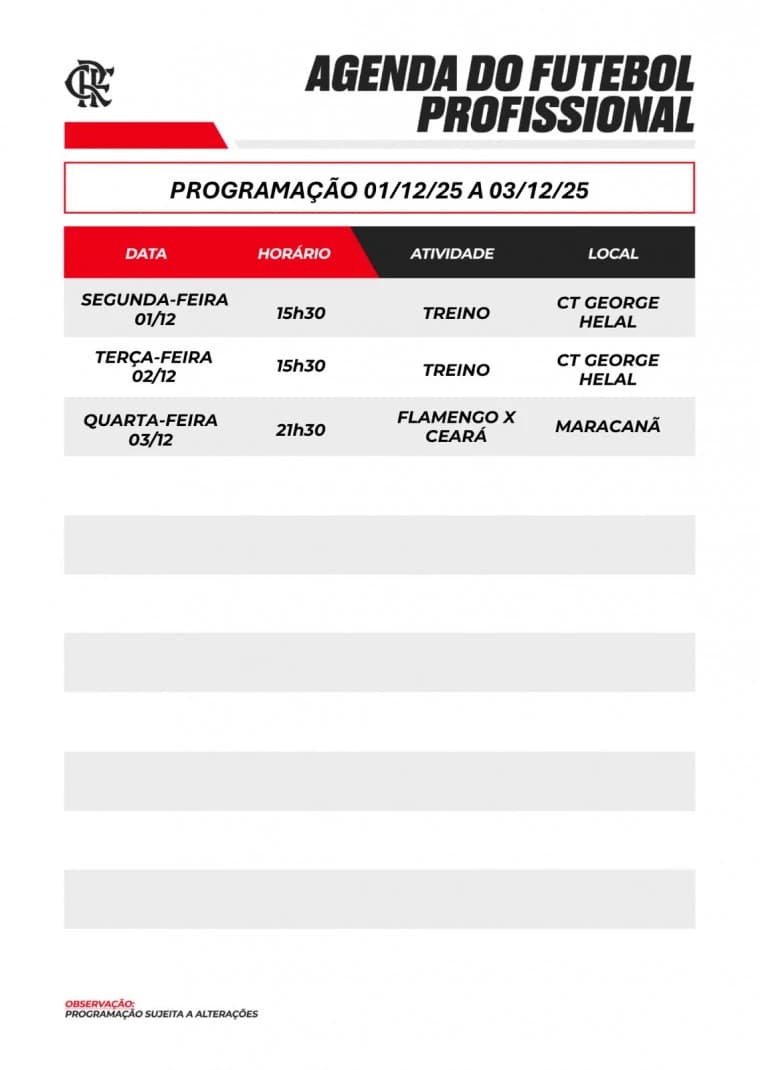 Flamengo divulga programação para semana decisiva no Brasileirão (Foto: Divulgação)