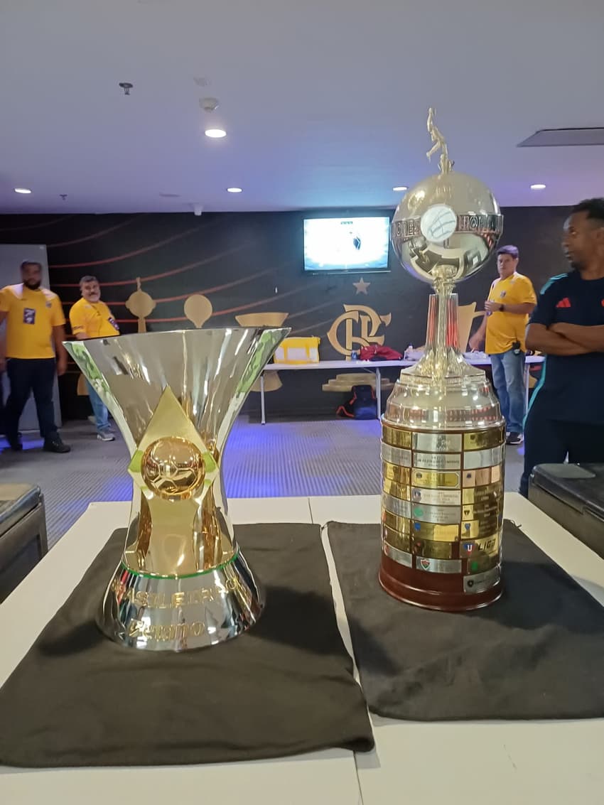 Taças do Brasileirão e da Libertadores no vestiário de Zico no Maracanã (Foto: Márcio Iannacca/ Lance!)