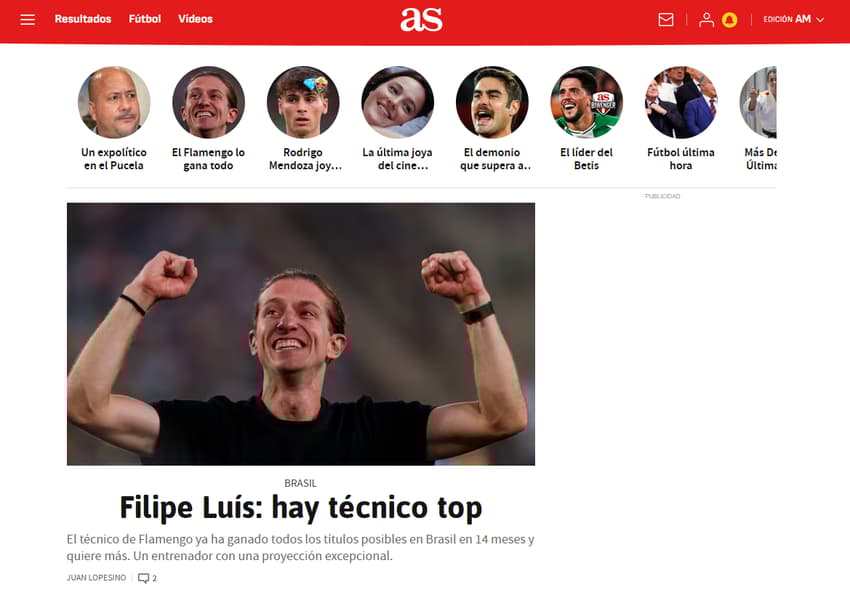 Filipe Luís como manchete principal do Diario AS (Foto: Reprodução/Diario AS)