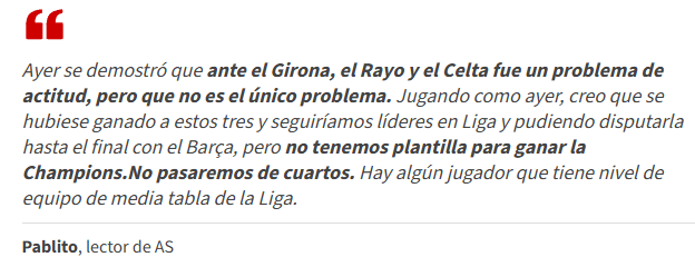 Leitor do jornal "As" sobre a fase atual do Real Madrid (Foto: Reprodução/As)