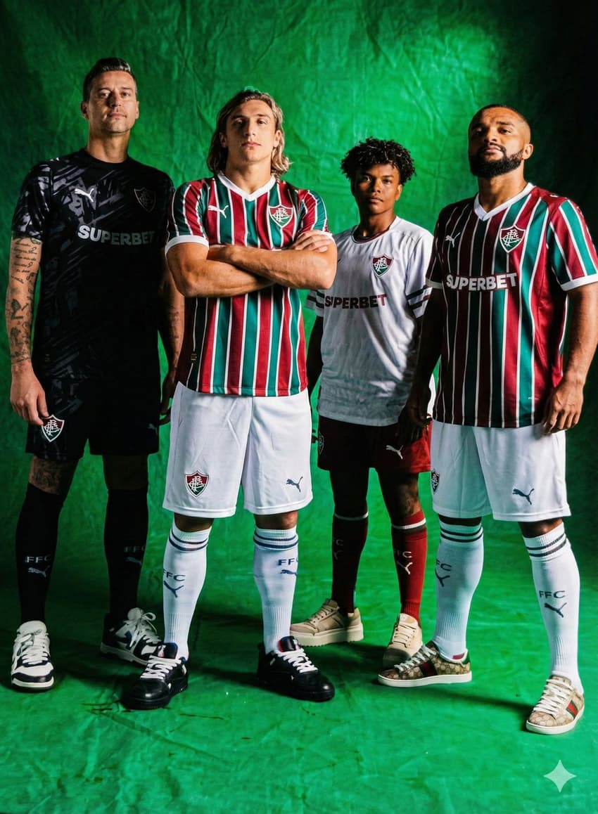 Imagem vazada dos novos uniformes do Fluminense com a Puma melhorada com Inteligência Artificial (Foto: Reprodução)