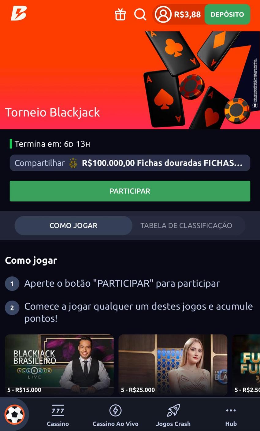 Captura da tela do Torneio Blackjack na plataforma de jogos de apostas Betano.