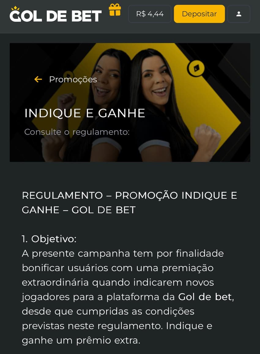 Captura de tela da promoção Indique e Ganhe da plataforma de jogos de aposta Gol de Bet.