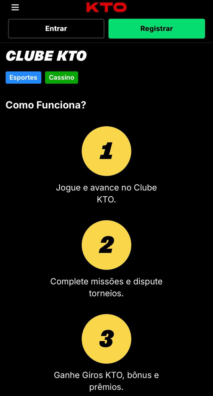 Captura da tela do Clube KTO, programa de recompensas da plataforma de jogos de apostas KTO.