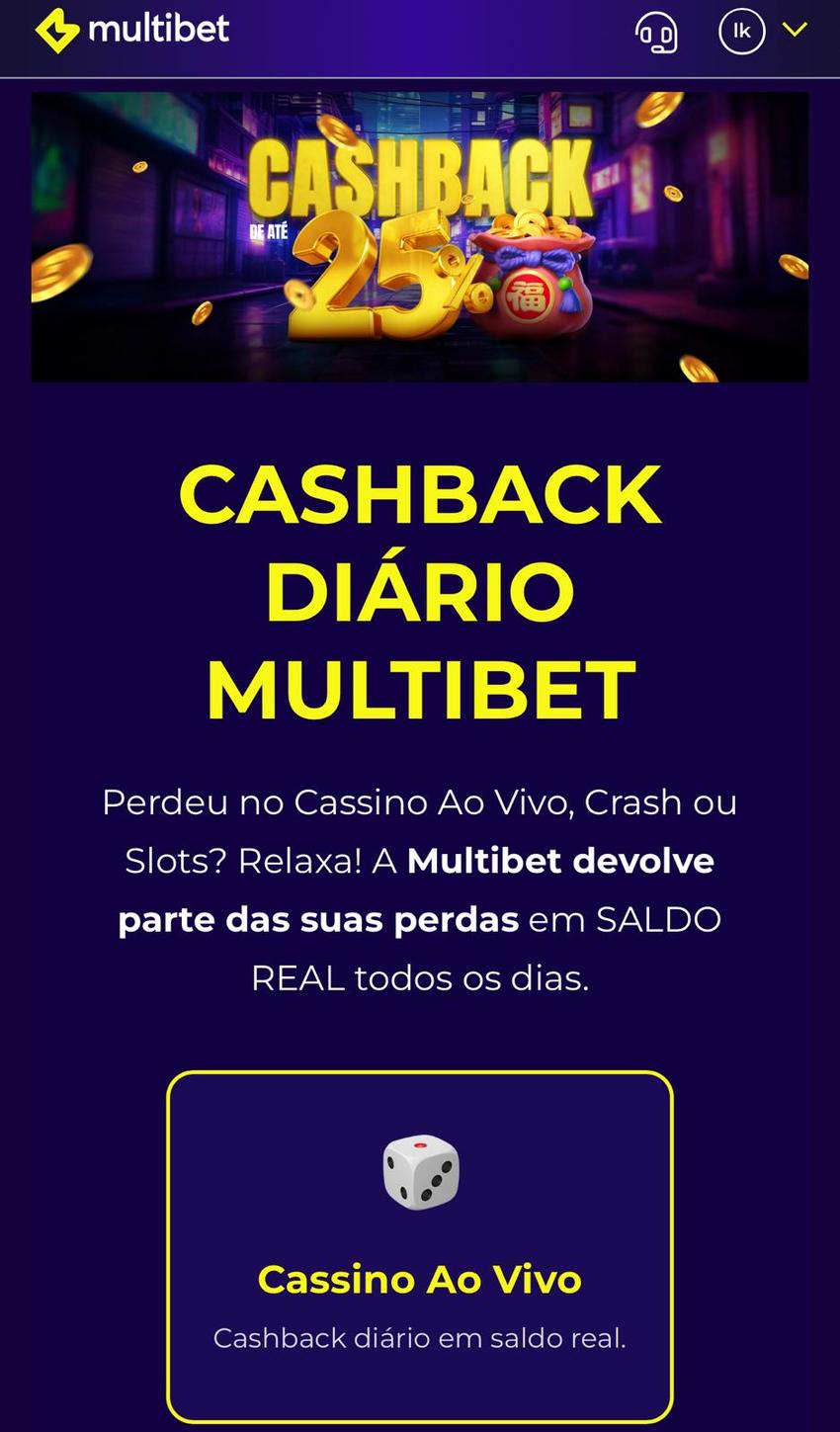  Captura da tela de cashback em cassino da casa de jogos de apostas Multibet.