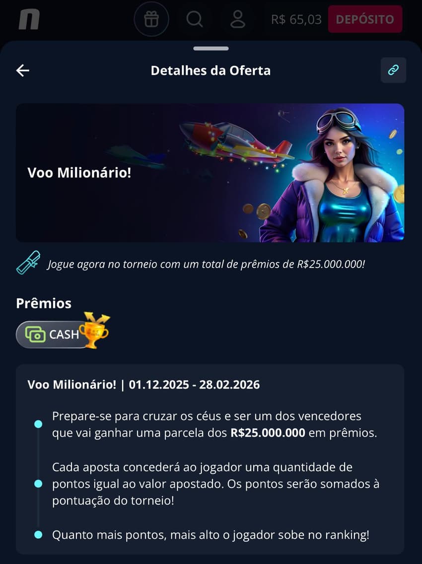 Captura da tela da promoção Voo Milionário, da casa de jogos de apostas Novibet.
