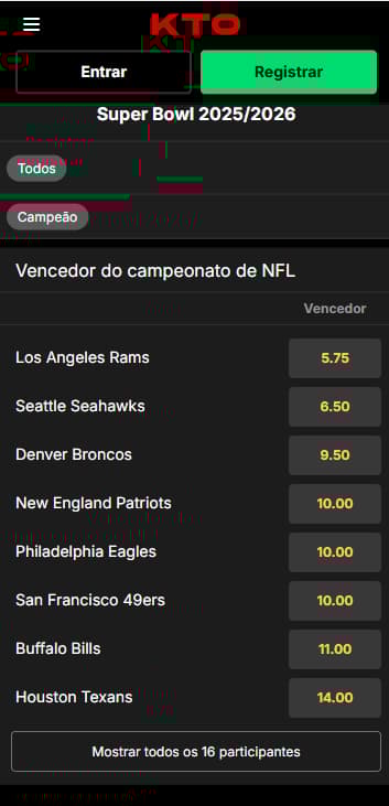 Tela de apostas longo prazo Super Bowl na KTO