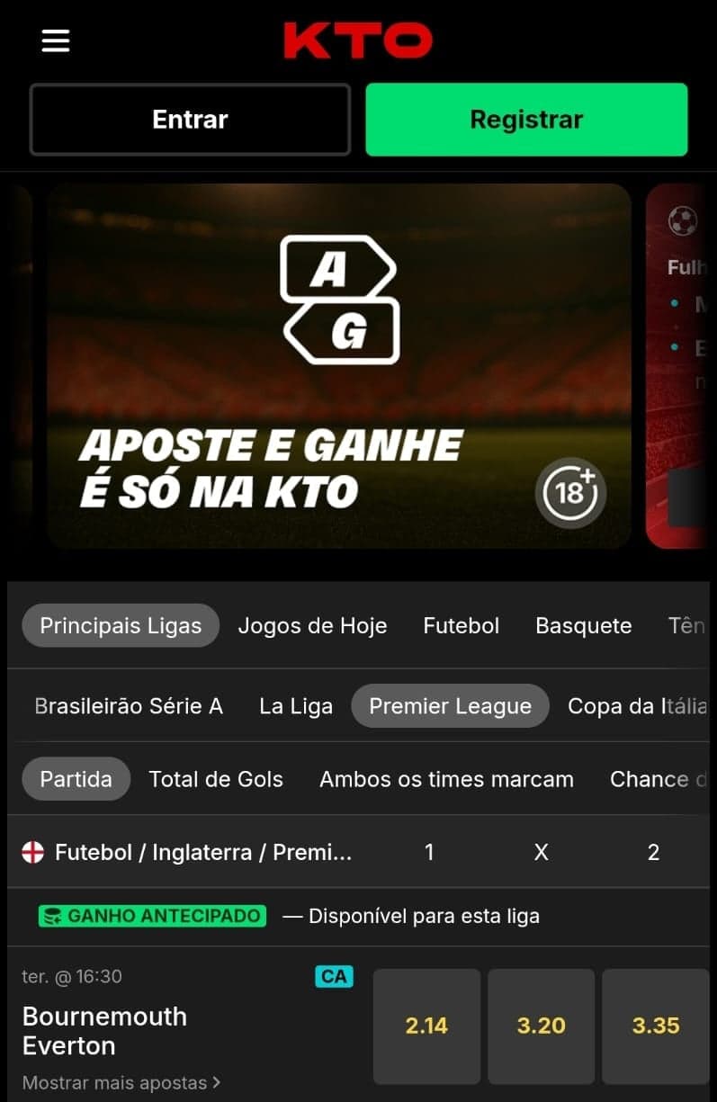 Captura de tela da seção de apostas na Premier League disponível na KTO.