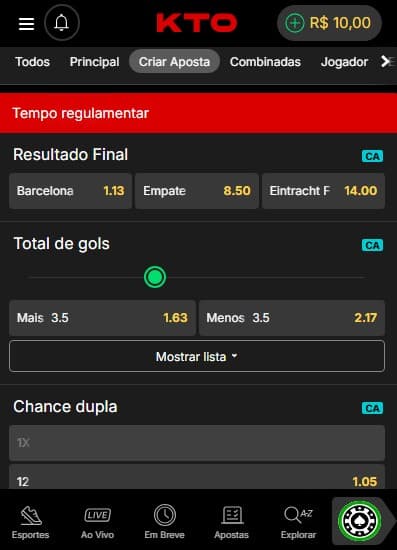 Captura de tela mostra o Criar Aposta em apostas na Champions League.