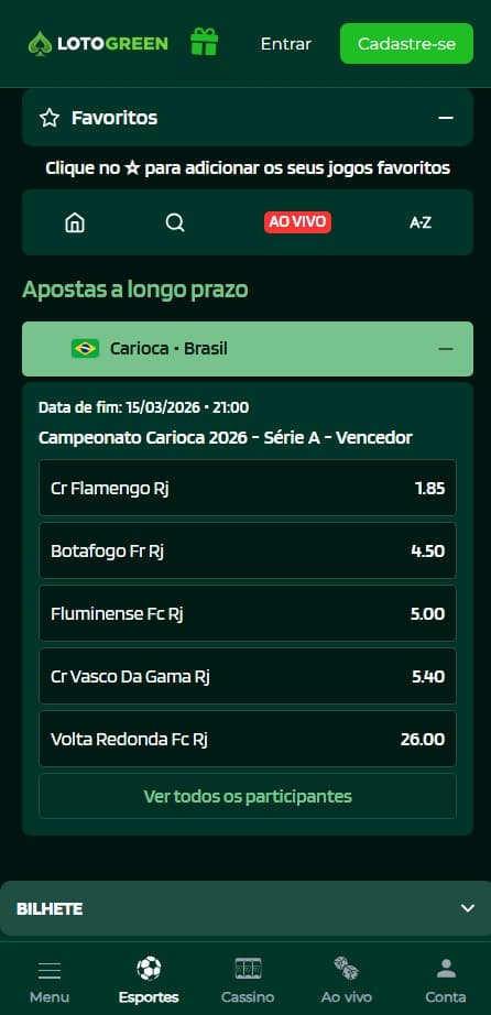 Apostas a longo prazo na Lotogreen no Cariocão 2026