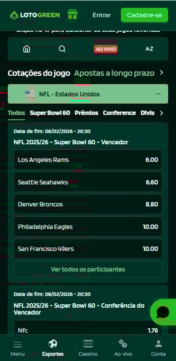 Apostas longo prazo Super Bowl na Lotogreen