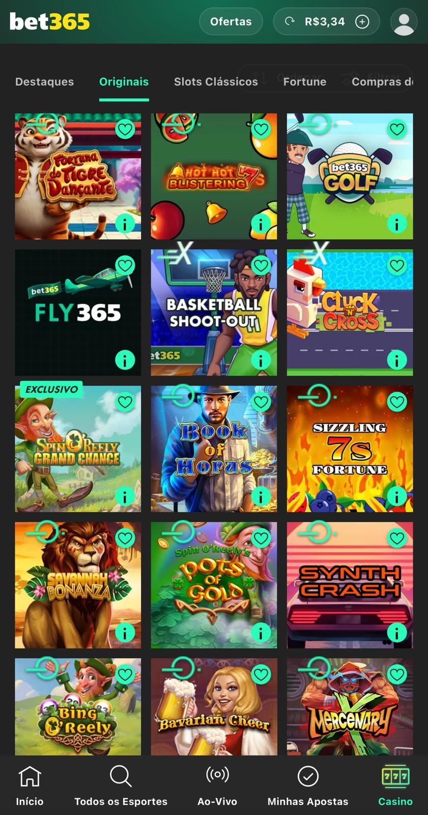 Captura de tela do catálogo de jogos de cassino originais da bet365.