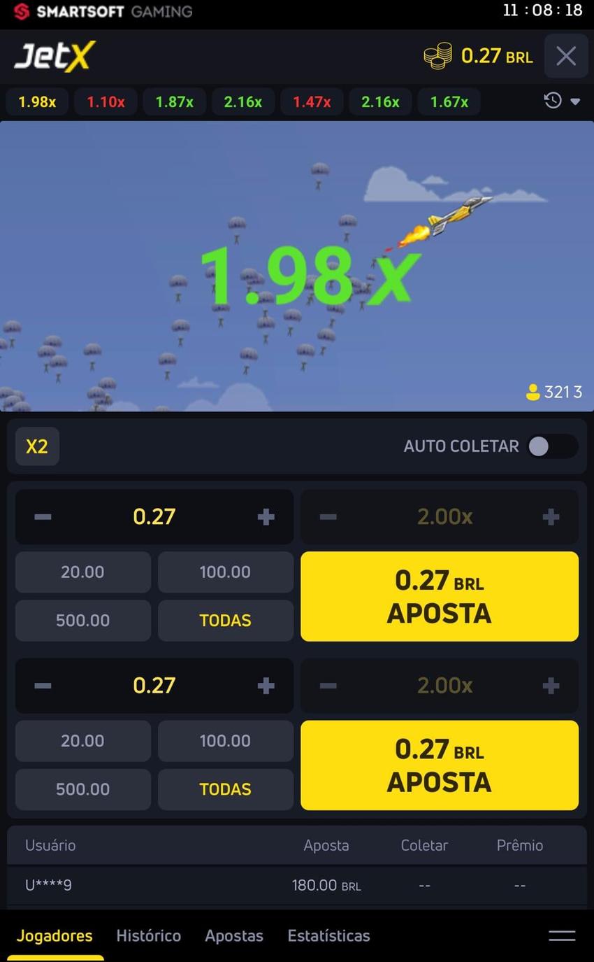 Captura de tela do crash game JetX, um jogo de cassino disponível na Betsson.