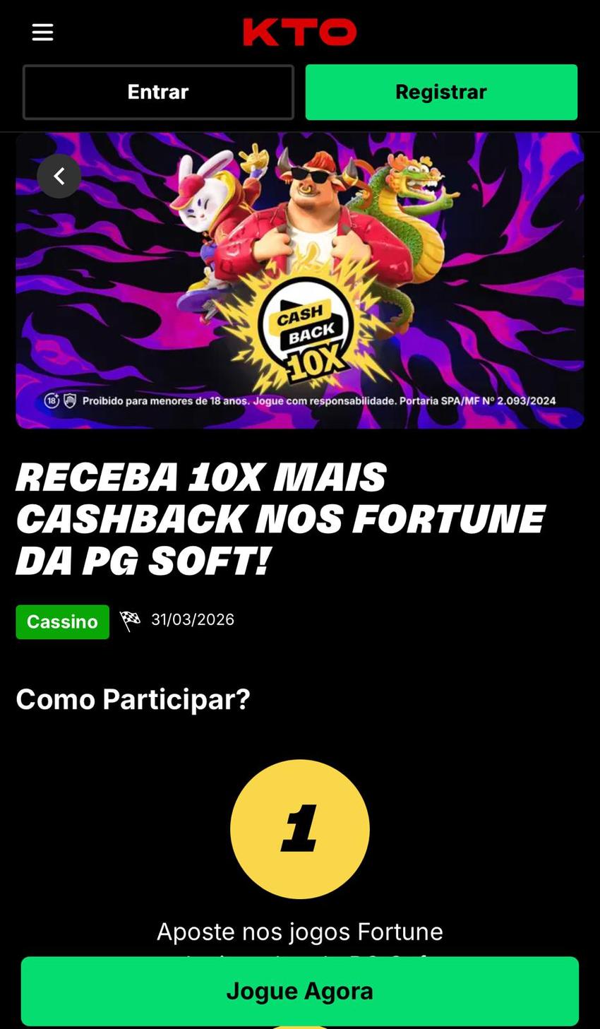 Captura da tela de promoção de cashback na KTO.
