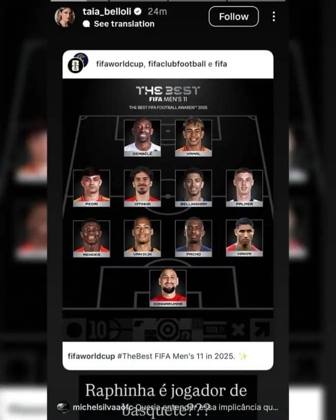 Natalia Belloli, esposa de Raphinha, critica o prêmio Fifa The Best (Foto: Reprodução)