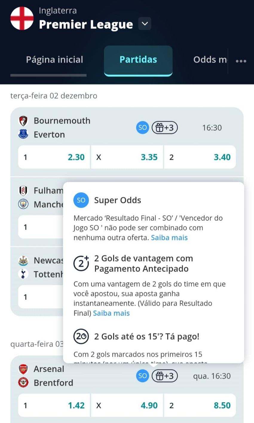 Captura de tela dos jogos da Premier League na Novibet.