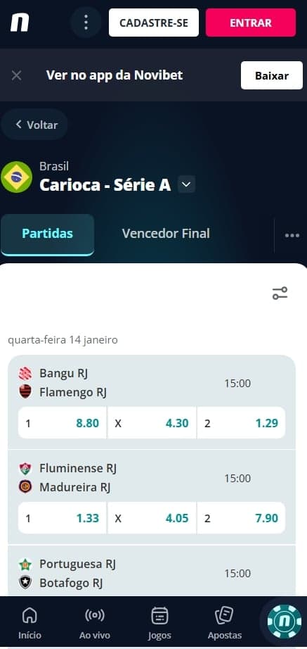 Apostas disponíveis na Novibet para a série A do Carioca