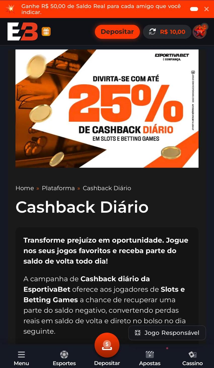Captura de tela da plataforma que mais paga Esportiva Bet.