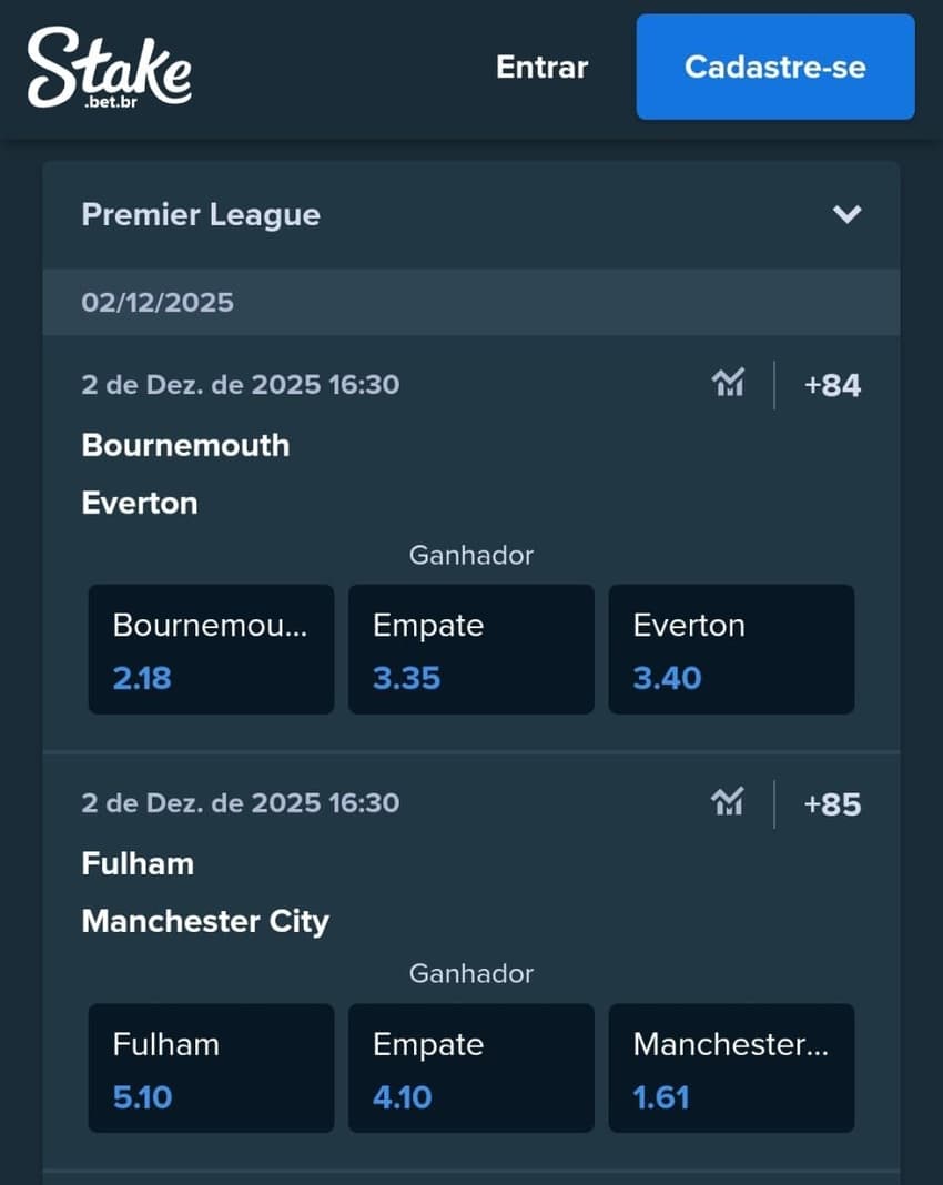 Captura de tela da seção de apostas na Premier League da Stake.