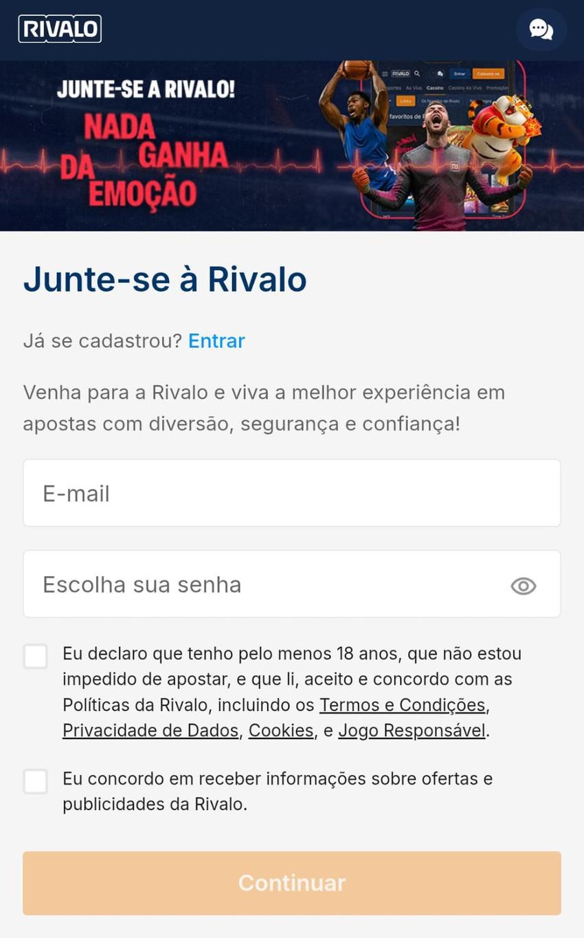 Captura de tela do registro sem o código de bônus Rivalo