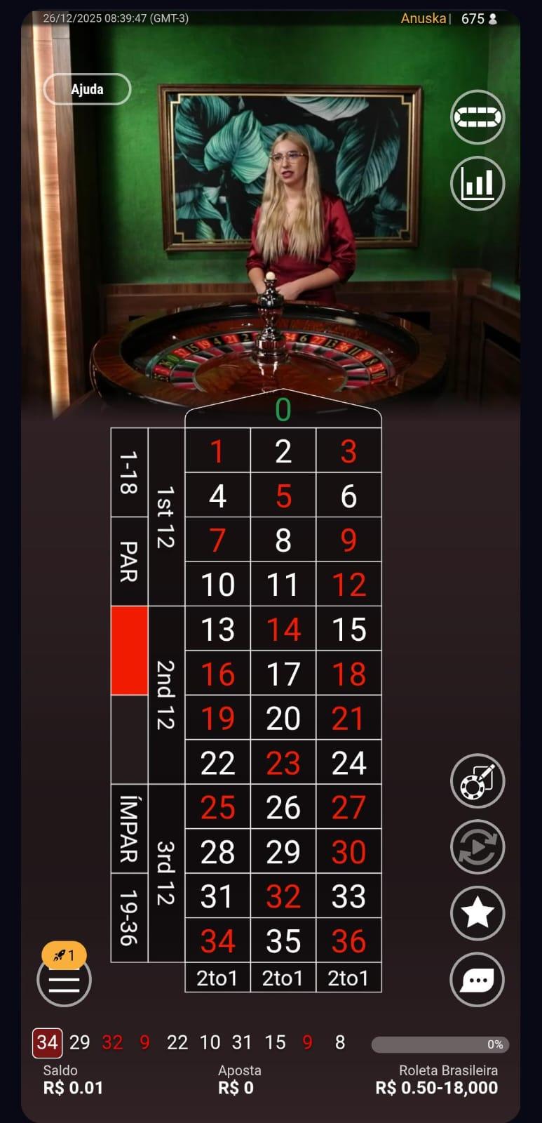 Captura de tela da Roleta Brasileira no cassino Betano