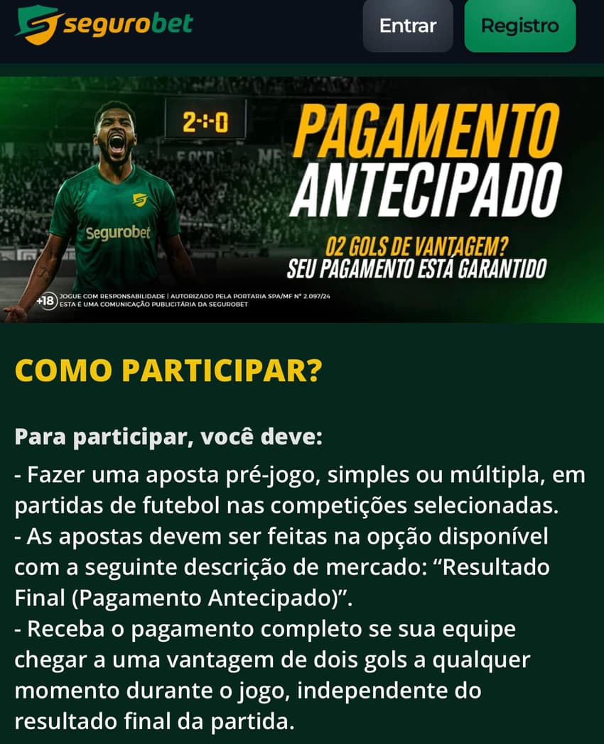 Captura de tela do Pagamento Antecipado na Segurobet.