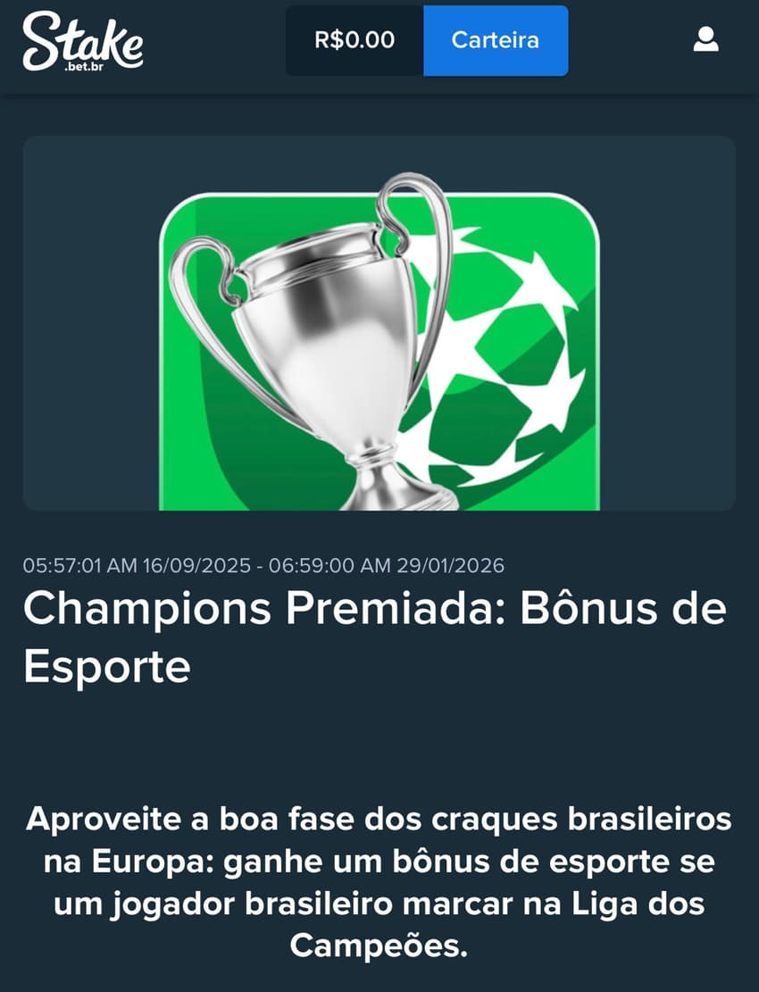 Captura de tela mostra a promoção Champions Premiada na Stake.