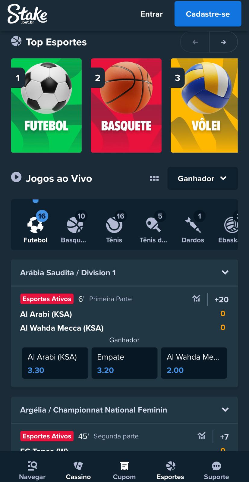 Captura da tela inicial da plataforma de 5 reais Stake.