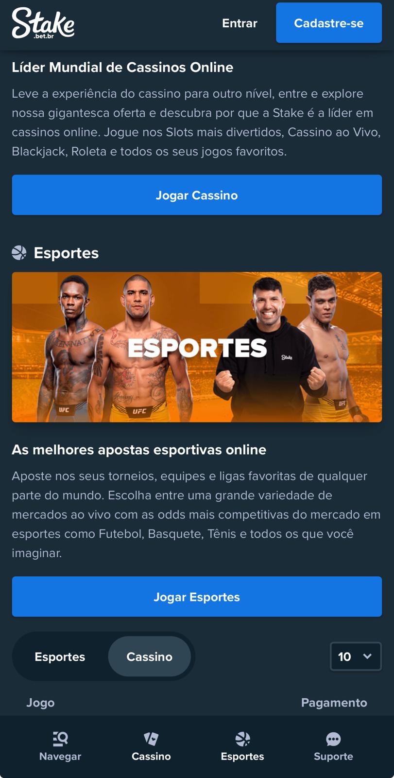 Captura de tela da página inicial da Stake.