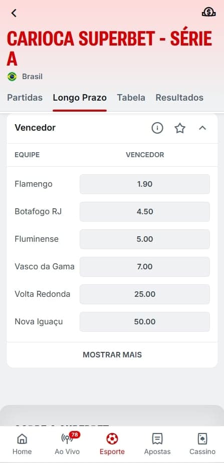 Apostas a longo prazo na Superbet com mercado de vencedor do Carioca 2026