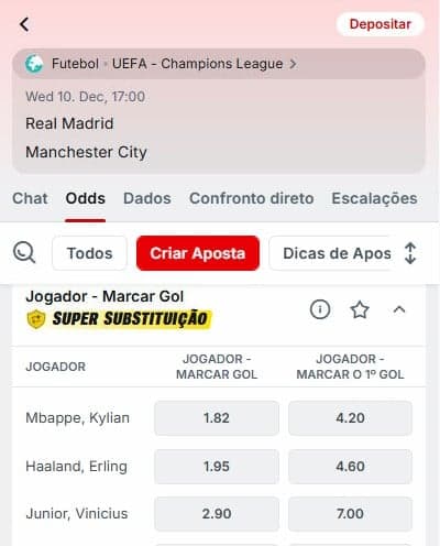 Captura de tela mostra o Super Substituição da Superbet em apostas na Champions League.
