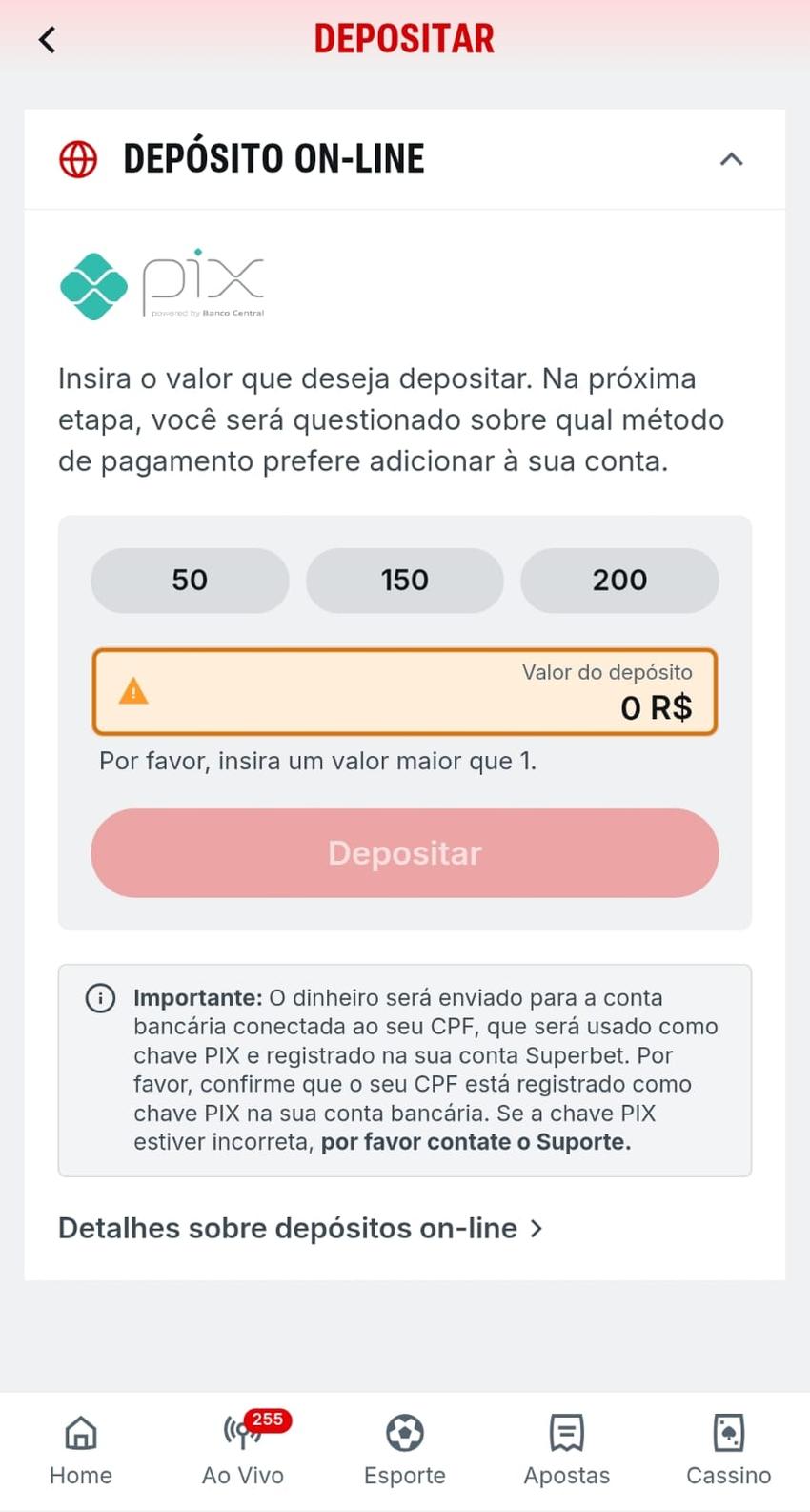 Captura de tela do depósito mínimo da Superbet de R$1.
