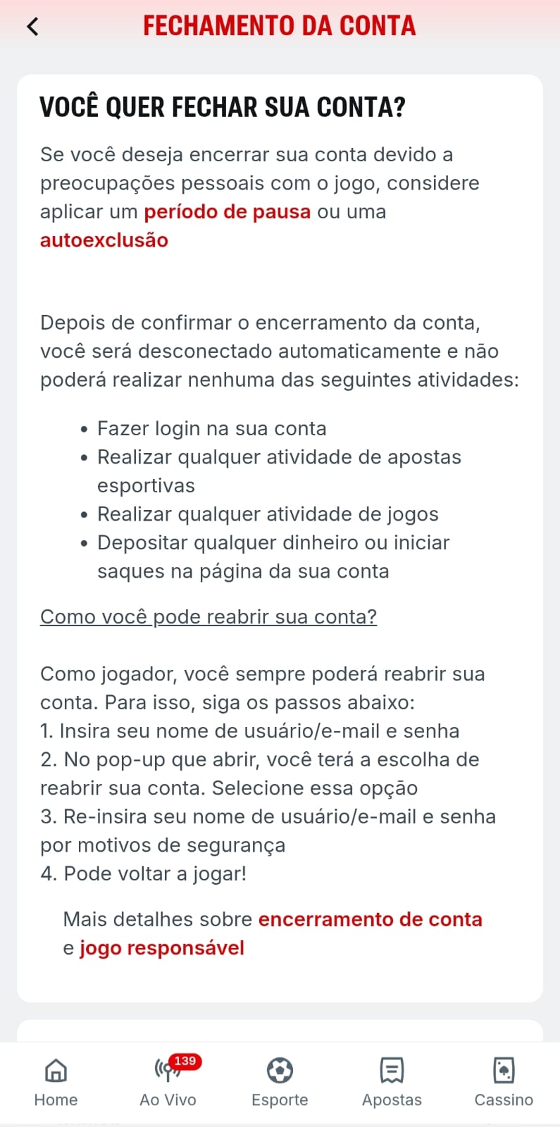 Captura de tela da página de Fechamento de Conta na Superbet.