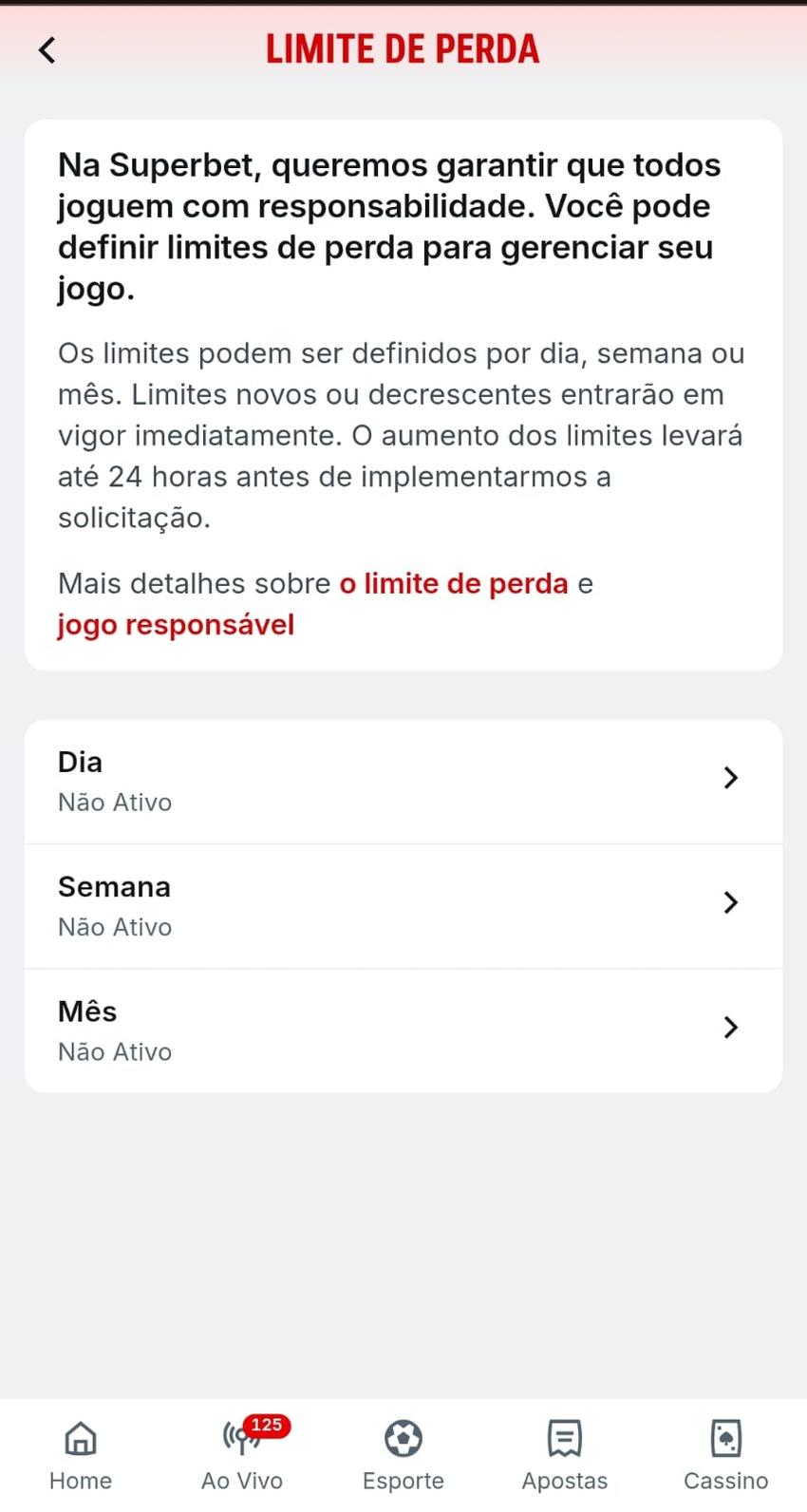 Captura de tela do limite de perda nos controles de Jogo Responsável na Superbet.