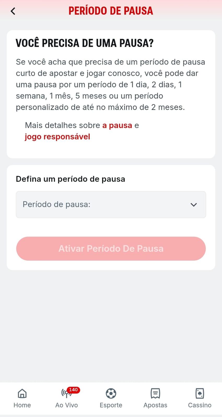 Captura de tela do controle de Período de Pausa no jogo responsável da Superbet.