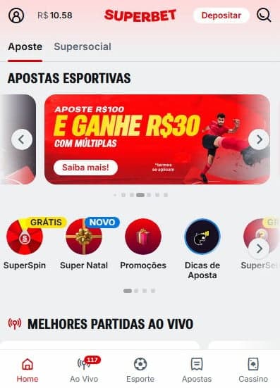 Captura da tela inicial da plataforma de 1 real Superbet,