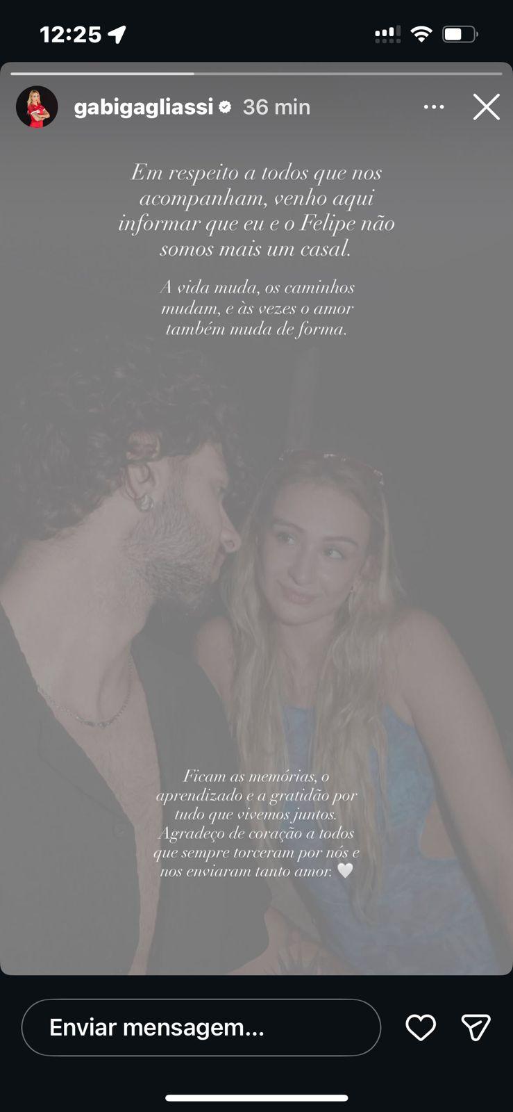 Gabi Gagliassi posta anuncio de termino nas redes (Foto: Reprodução)