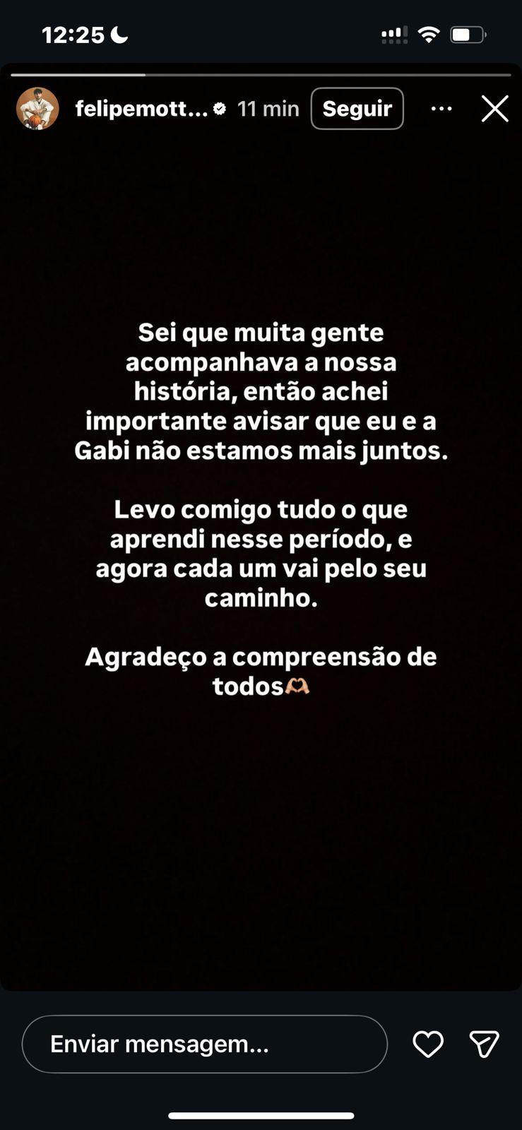 Felipe Motta posta anuncio de termino nas redes (Foto: Reprodução)