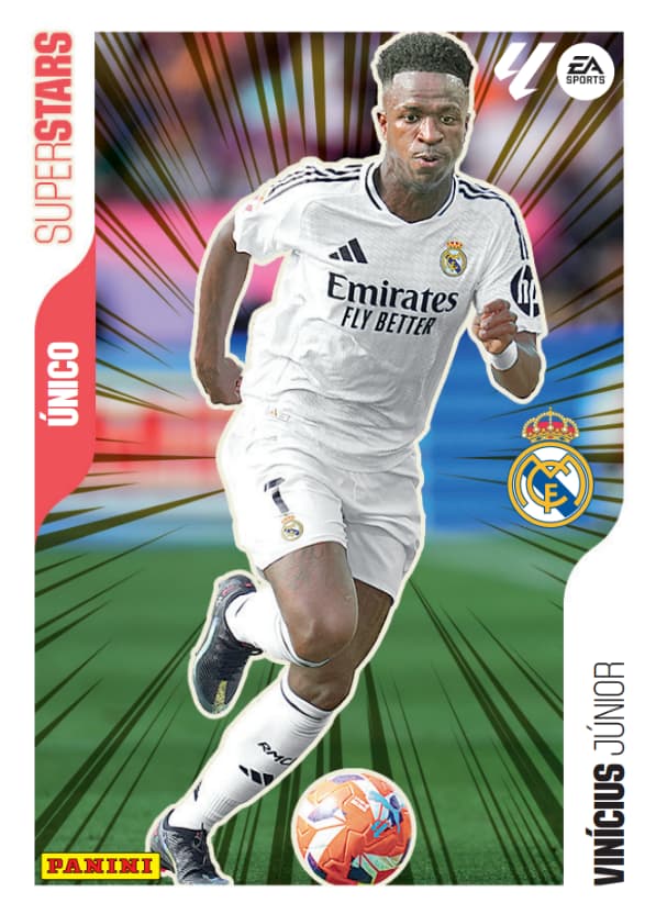 Vini Jr ilustra a seção Superstars do novo álbum da Panini da LaLiga 2025/26 (Foto: Reprodução)